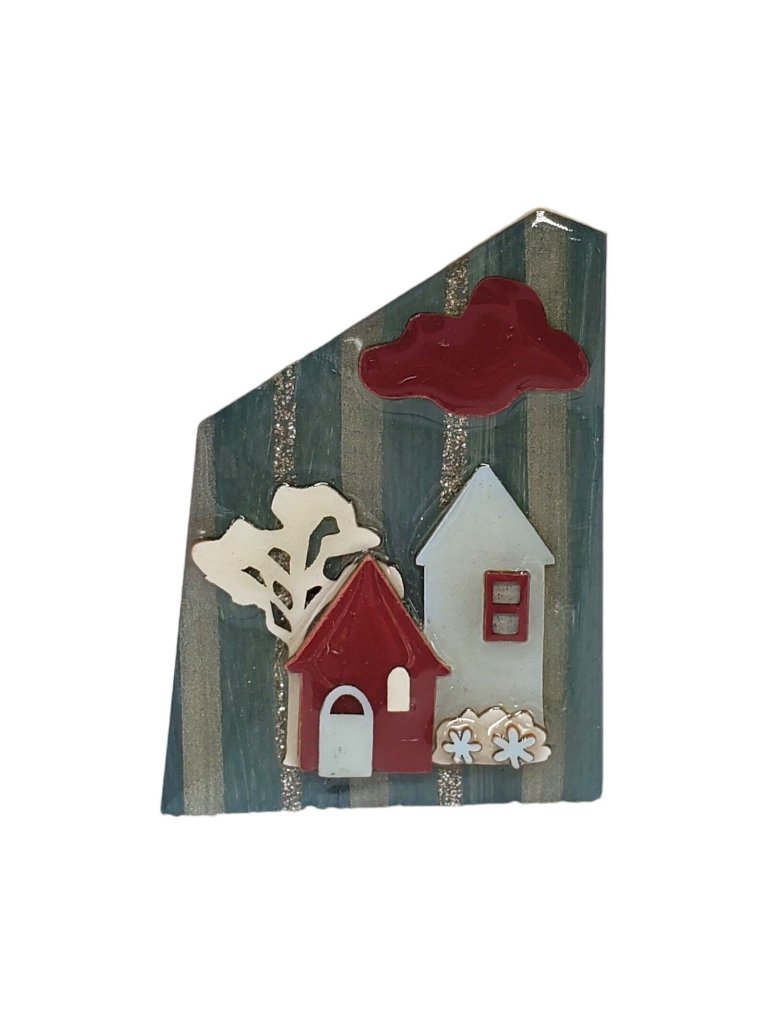 Vtg House Pins By Lucinda Brooch Blue Stripe Red White Cloud Tree Resin Artisan